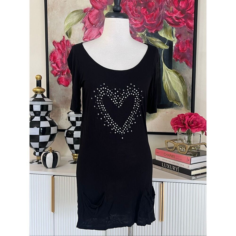 Armani Exchange Women's Rhinestone Heart Pocket Mini T-Shirt Dress Black Medium
